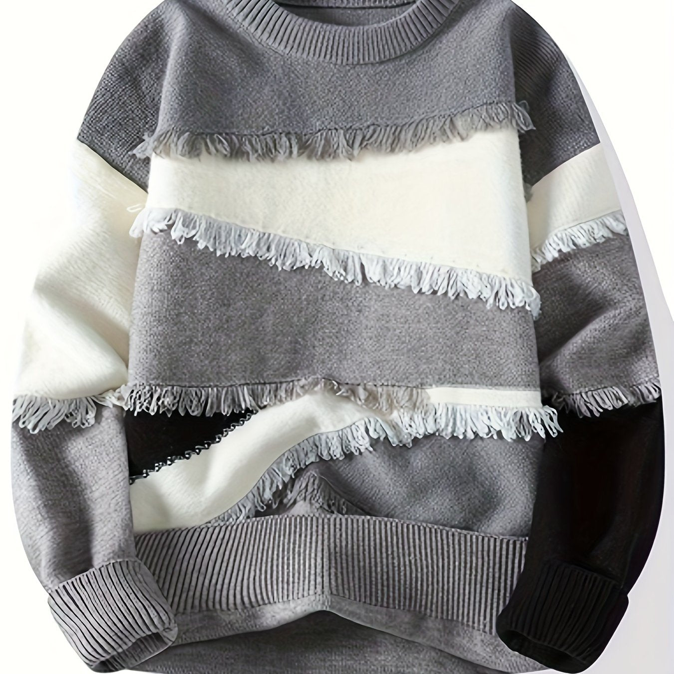 Unisex long-sleeve pullover with color-block design, fringe, and crew neck