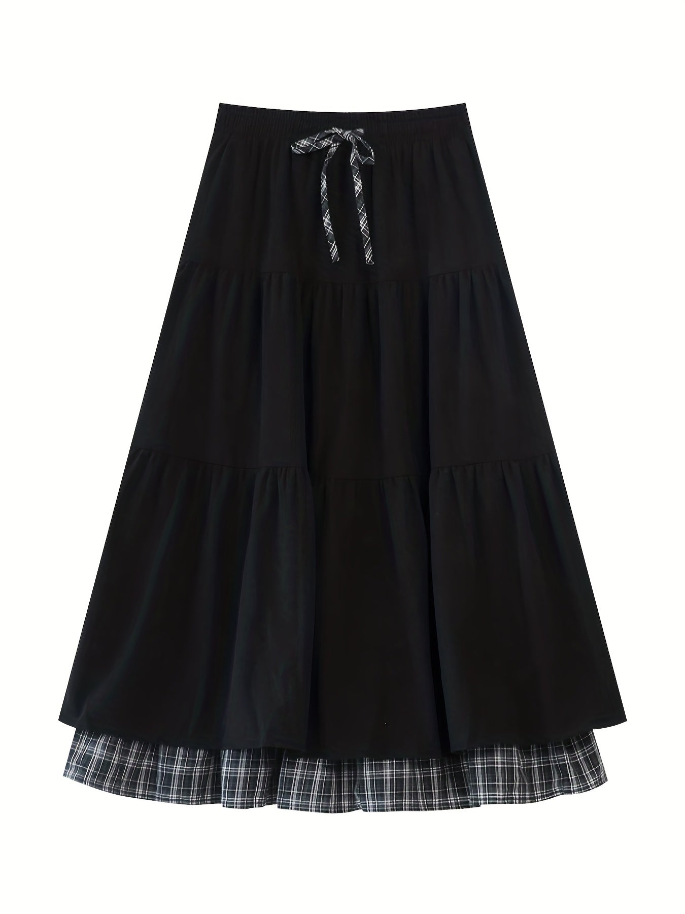 Women's floor-length tiered skirt with a checked underskirt and drawstring
