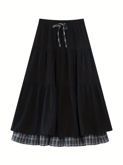 Women's floor-length tiered skirt with a checked underskirt and drawstring