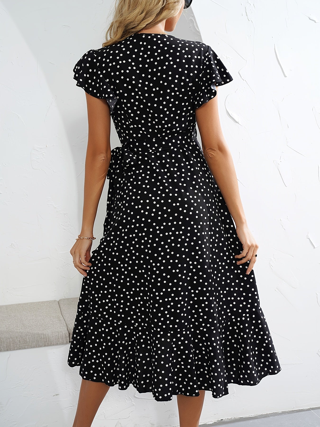Women's Wrap Dress with Polka Dots and Ruffle Sleeves – Elegant Summer Look for Everyday and Leisure
