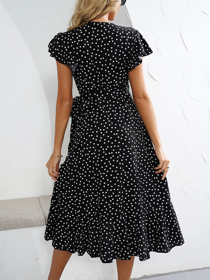 Women's Wrap Dress with Polka Dots and Ruffle Sleeves – Elegant Summer Look for Everyday and Leisure