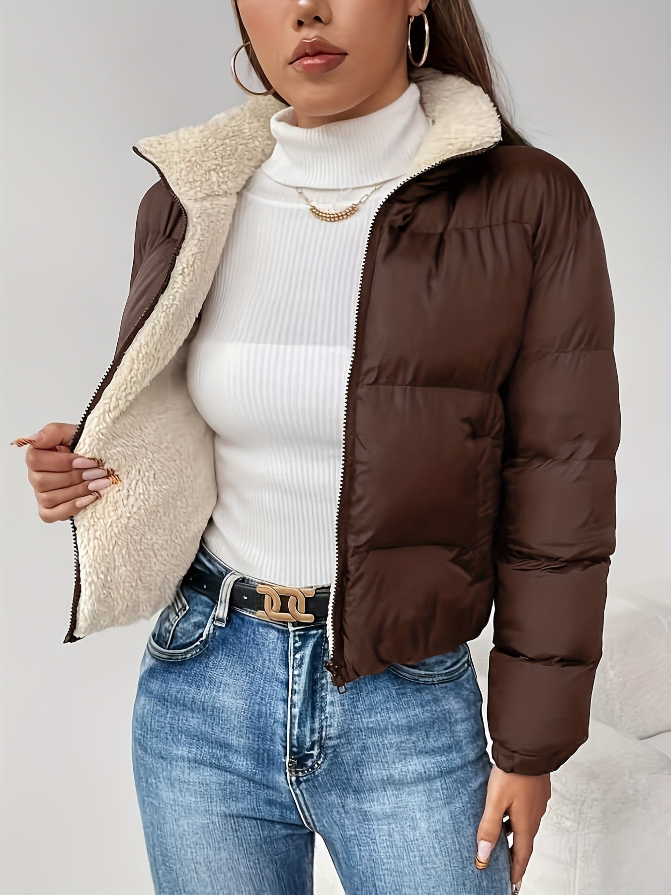 Women's Short Quilted Jacket with Teddy Lining and Zipper
