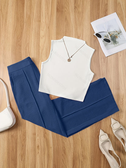 Women's Elegant Set – Sleeveless Top with Stand Collar and Pants, Perfect for Spring & Summer
