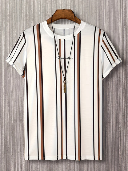 Men's T-shirt with vertical stripe pattern and modern print – Stylish casual shirt