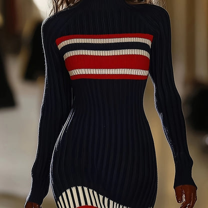 Damen Rollkragen Strickkleid mit Streifenmuster Langarm Figurbetont Dunkelblau Rot Weiß
