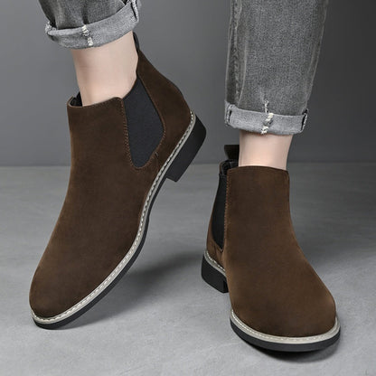 Men's Chelsea boots in faux suede with elastic inserts, brown and black