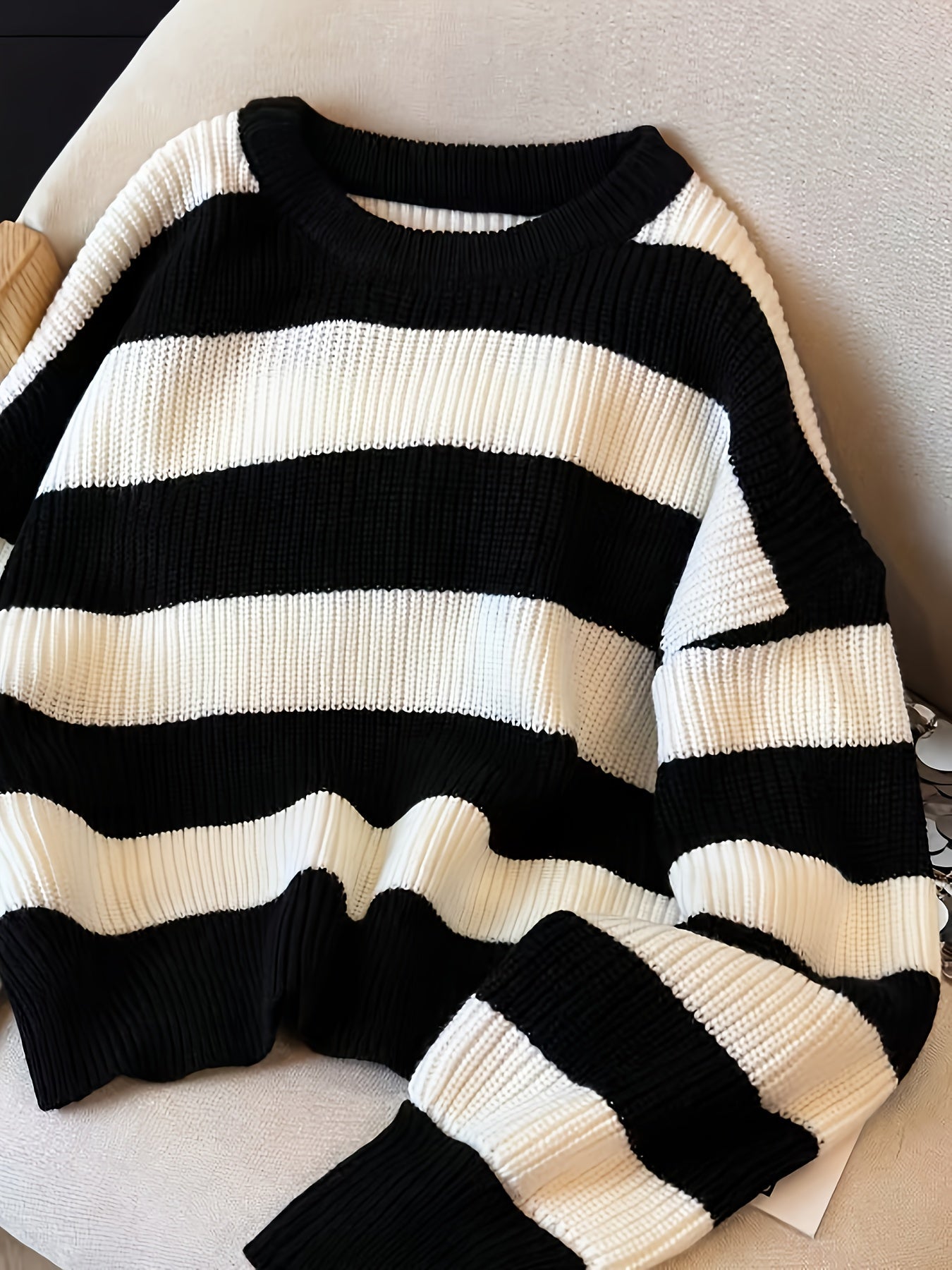 Women's knitted sweater, black and white striped, crew neck, loose fit