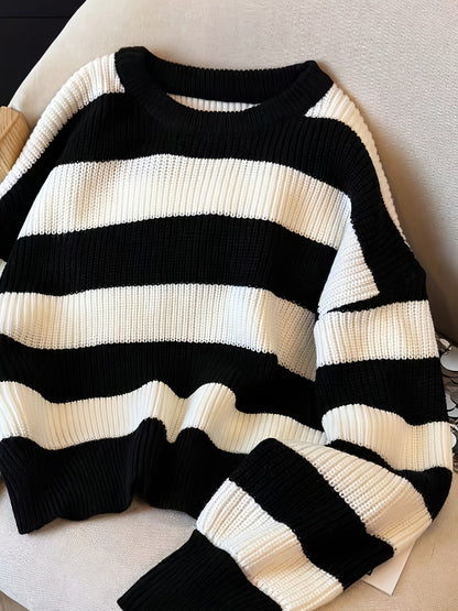 Women's knitted sweater, black and white striped, crew neck, loose fit