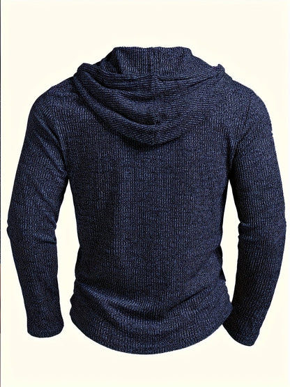 Herren Strickpullover Hoodie Dunkelblau Gerippt mit Knopfleiste