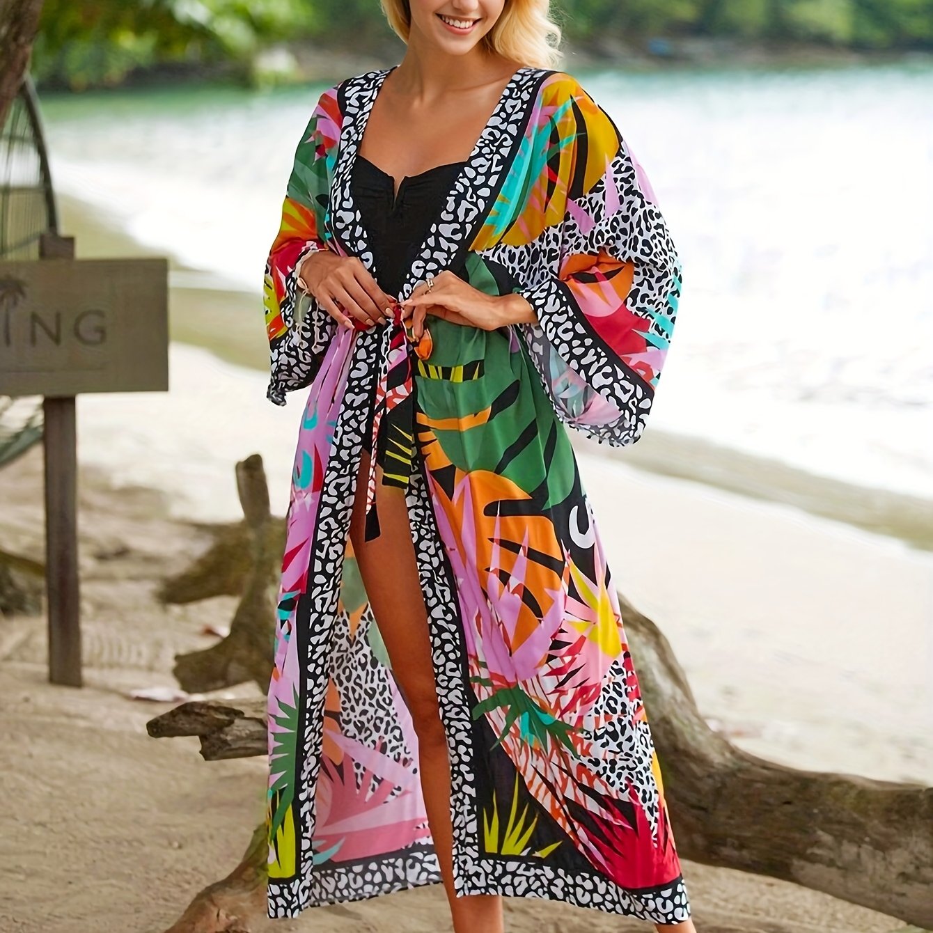 Women's Long Beach Kimono with Tropical Print and Animal Details – Perfect for Vacation & Resort