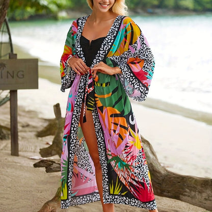 Women's Long Beach Kimono with Tropical Print and Animal Details – Perfect for Vacation & Resort