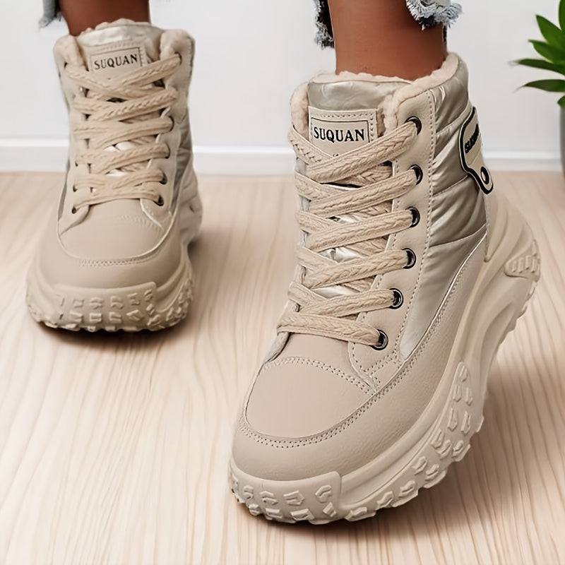 Women's winter boots, warm-lined beige high-top sneakers
