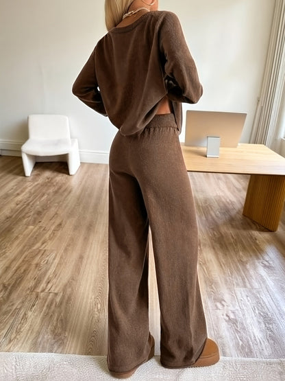 Damen Loungewear Set Braun mit Rundhals-Pullover & Weite Hose