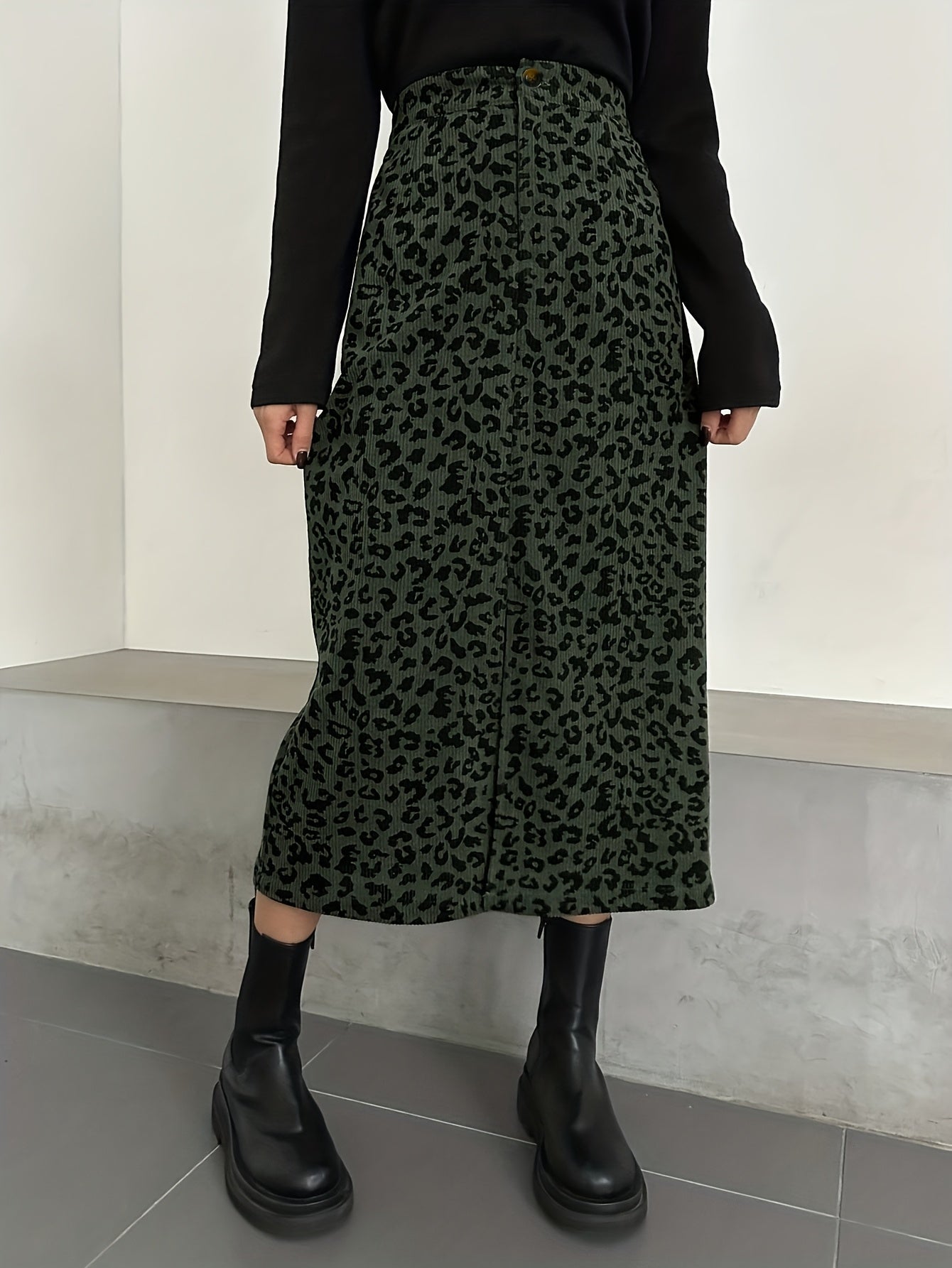 Damen Maxi Rock Leopard Print Rippstrick Schlitz
