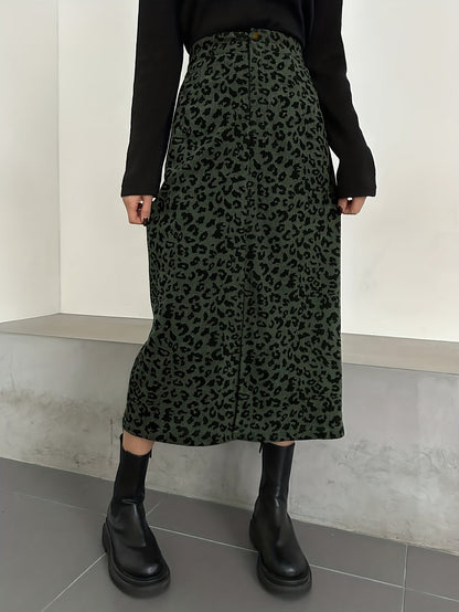 Damen Maxi Rock Leopard Print Rippstrick Schlitz