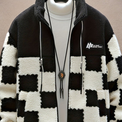 Unisex Fleecejacke mit Schachbrettmuster Reißverschluss Stehkragen