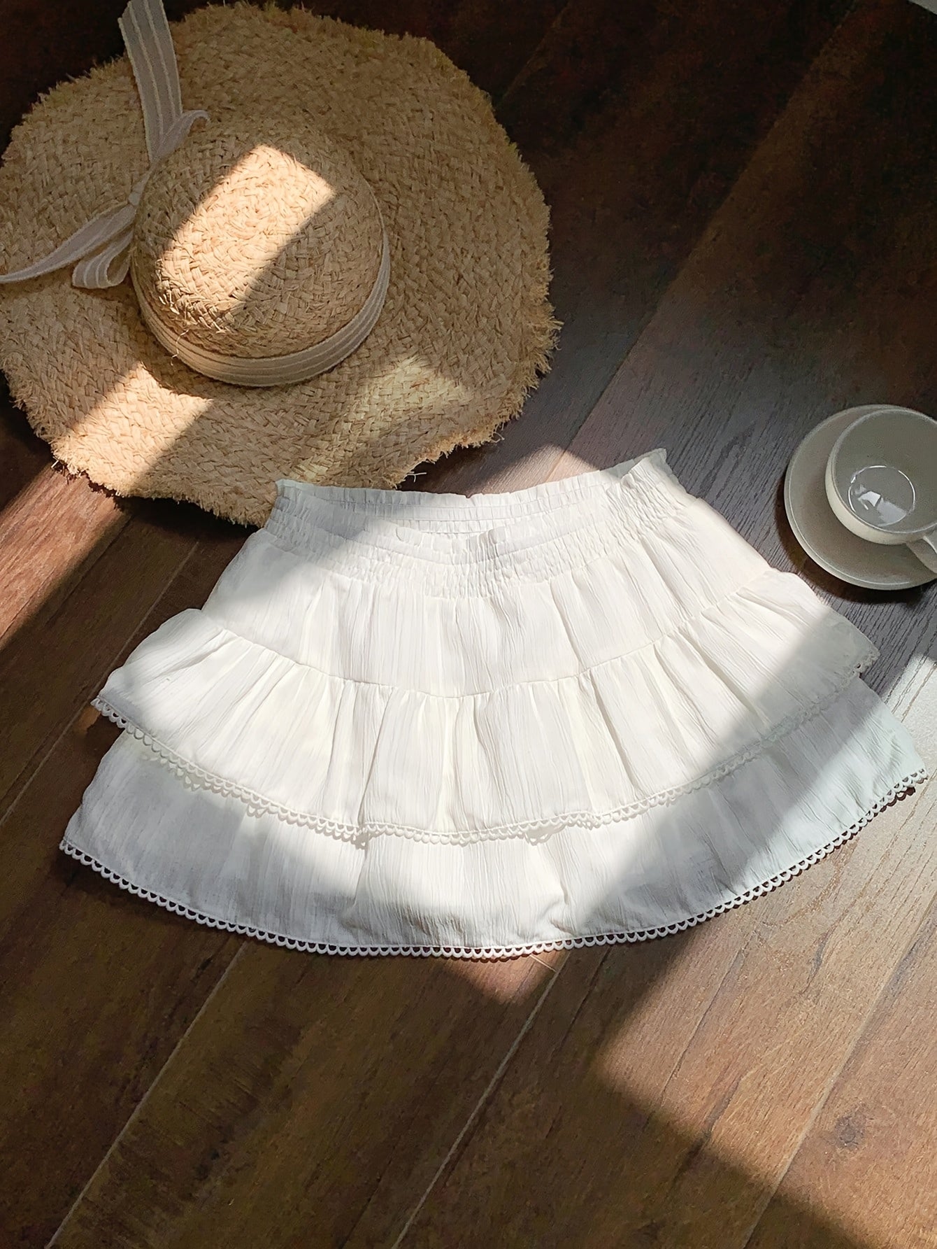 Women's summer mini skirt with ruffles and elastic waistband – Playful boho style for leisure and vacation