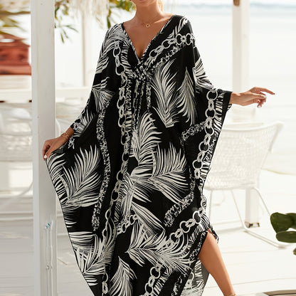 Women's Kaftan Maxi Dress with Tropical Palm Print and Chain Pattern – Perfect Beach and Resort Outfit