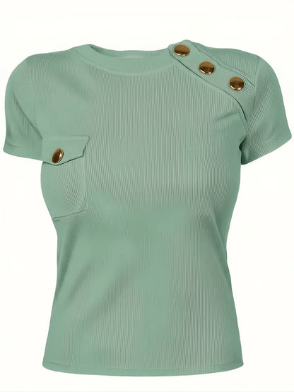 Women's short-sleeve shirt with decorative buttons and modern cut – Elegant casual and office top