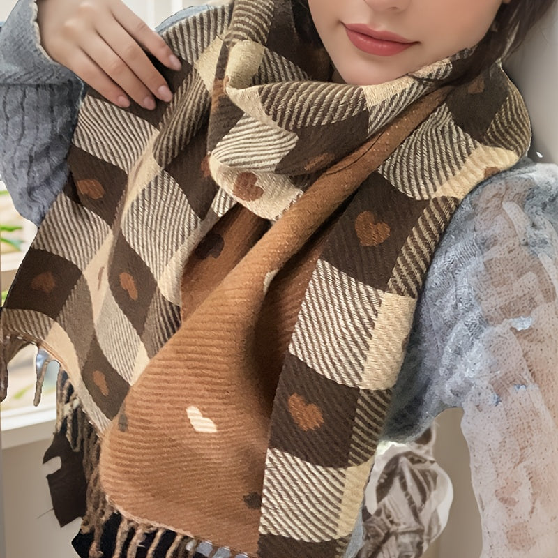 Plaid scarf with a heart pattern and fringes, brown women’s scarf