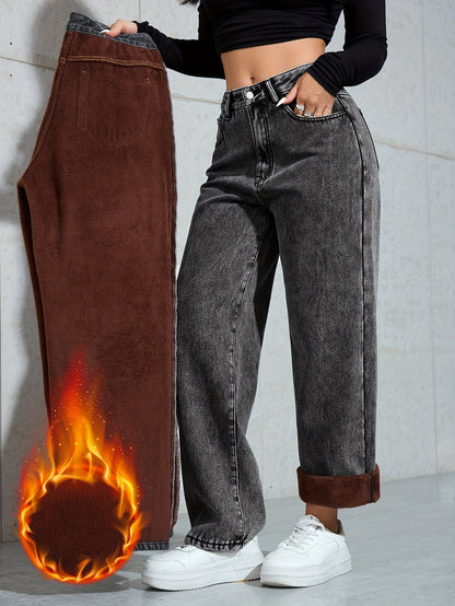 Women's wide-leg jeans with warm lining – dark gray