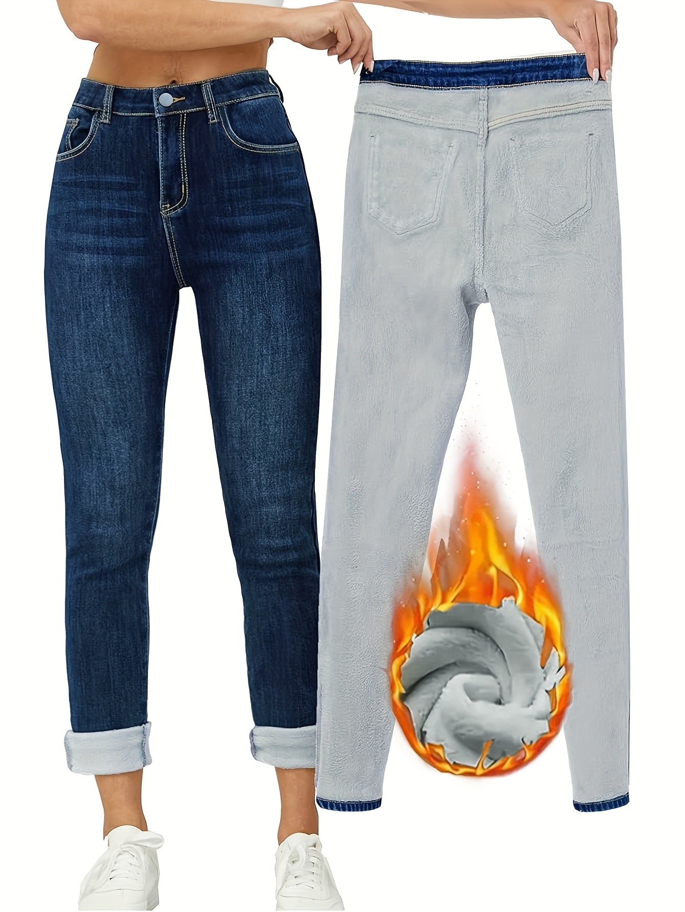 Gefütterte Damen Jeans Dunkelblau mit Hohem Bund