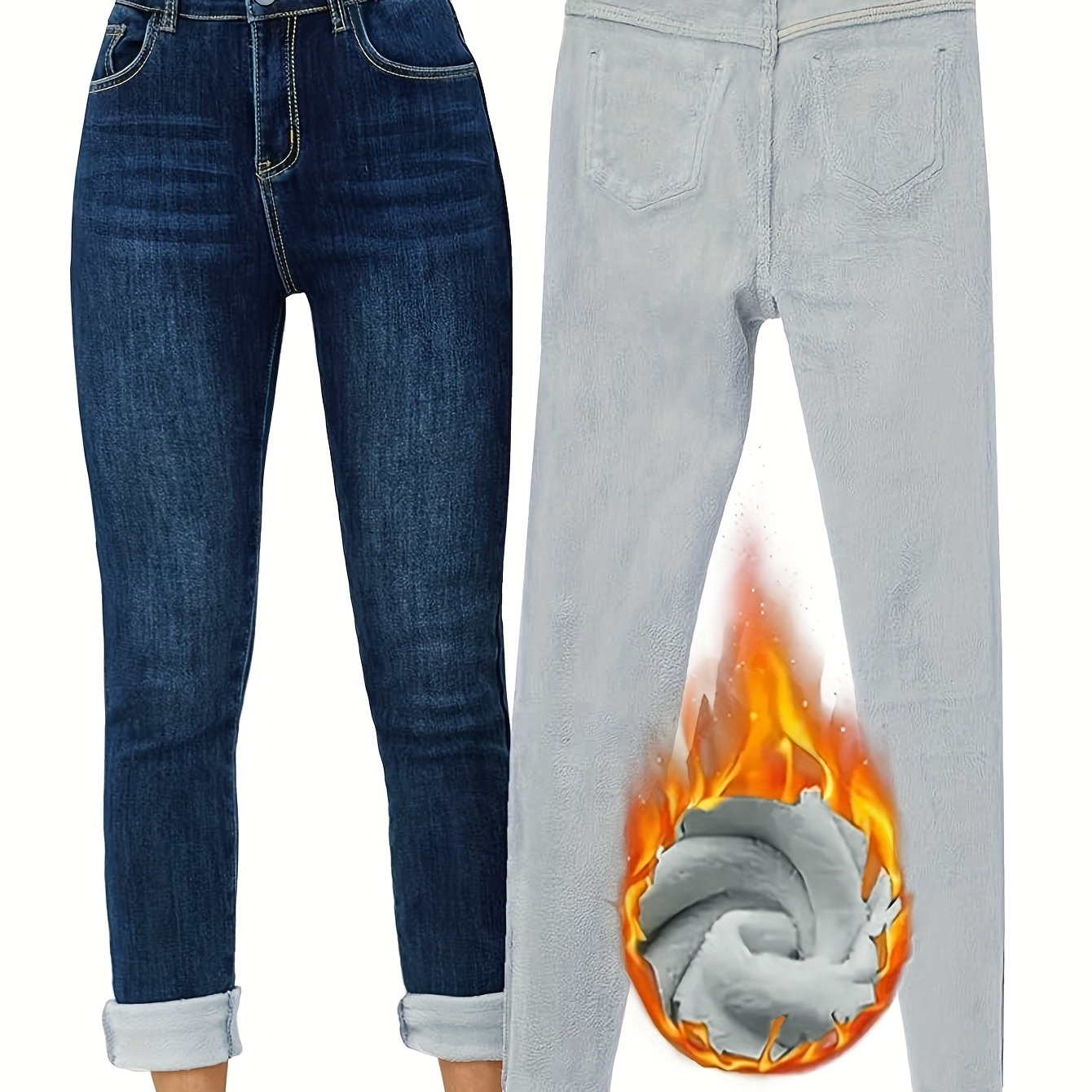Gefütterte Damen Jeans Dunkelblau mit Hohem Bund