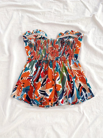 Women's Bandeau Knot Top with Abstract Floral Pattern – Summer Casual and Beach Top