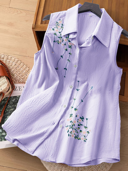 Damen ärmellose Bluse mit Blumenstickerei und Knopfleiste – Eleganter Freizeitstil