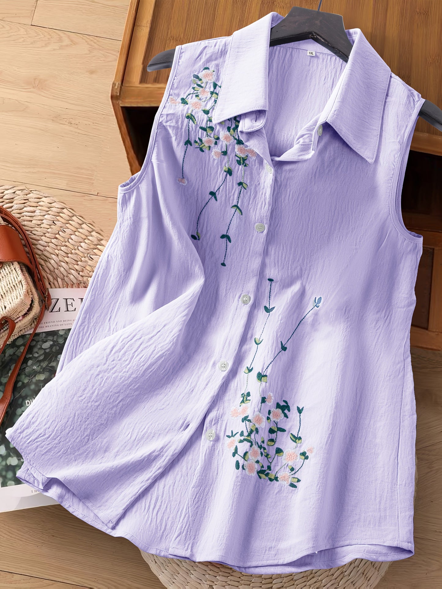 Damen ärmellose Bluse mit Blumenstickerei und Knopfleiste – Eleganter Freizeitstil