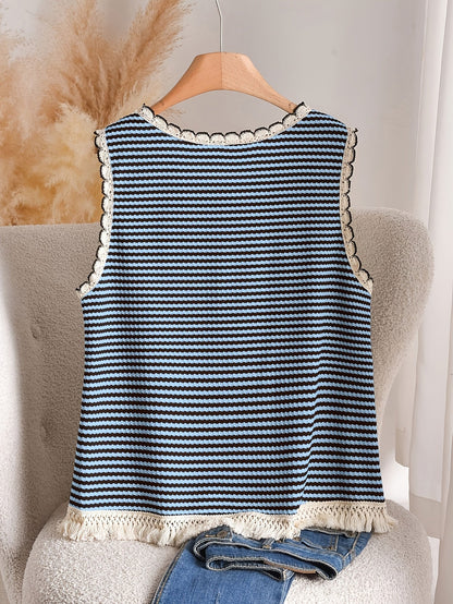 Women's Boho-Style Knit Tank Top with Stripes and Fringes – Elegant Casual Top for Spring and Summer