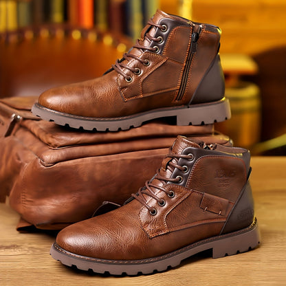 Herren Worker Boots Braun Schnürstiefeletten mit Reißverschluss & Profilsohle