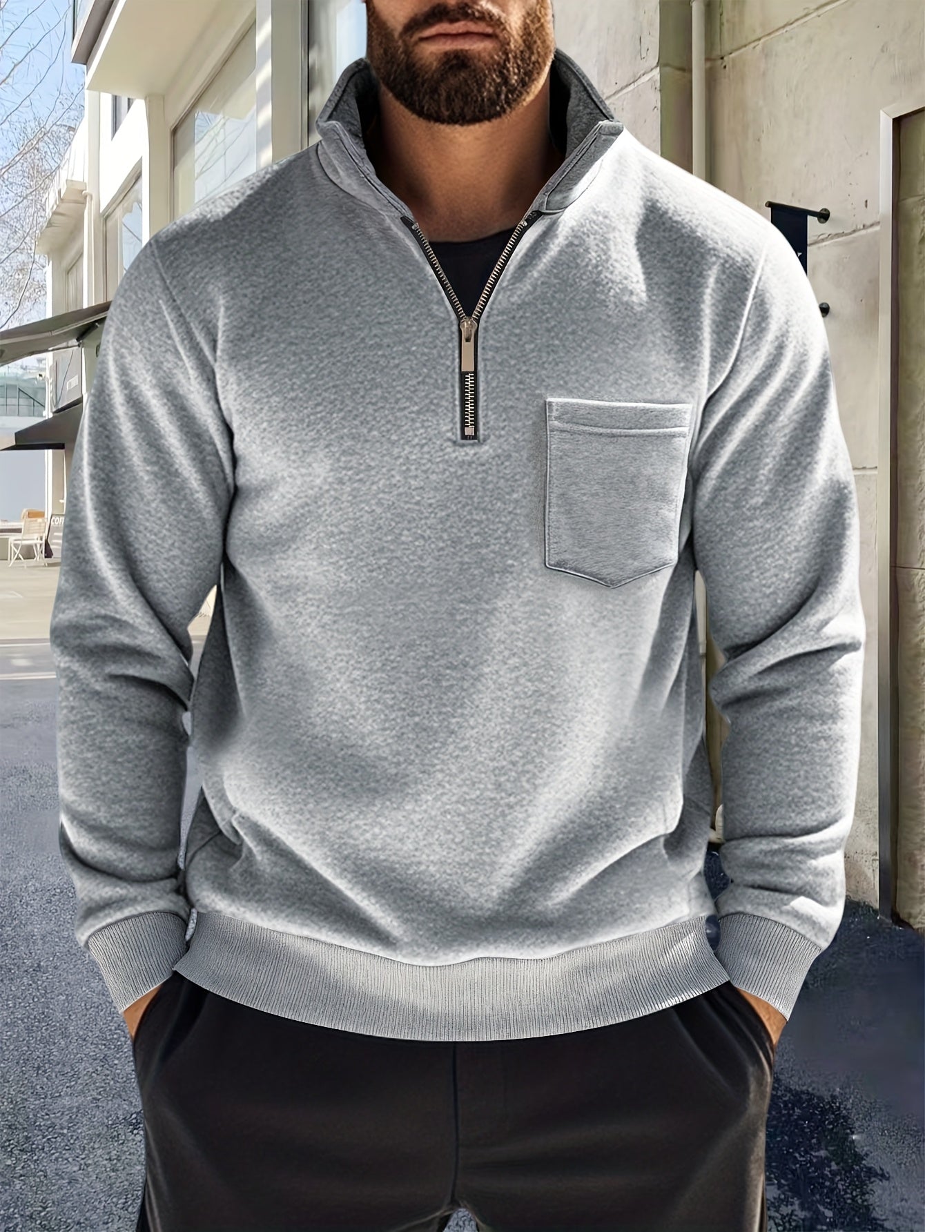 Herren Halb-Reißverschluss Pullover mit Brusttasche