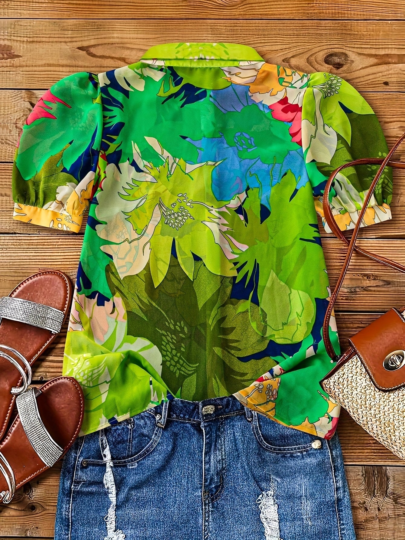 Women's blouse with floral pattern and puff sleeves – fashionable shirt blouse for leisure and vacation