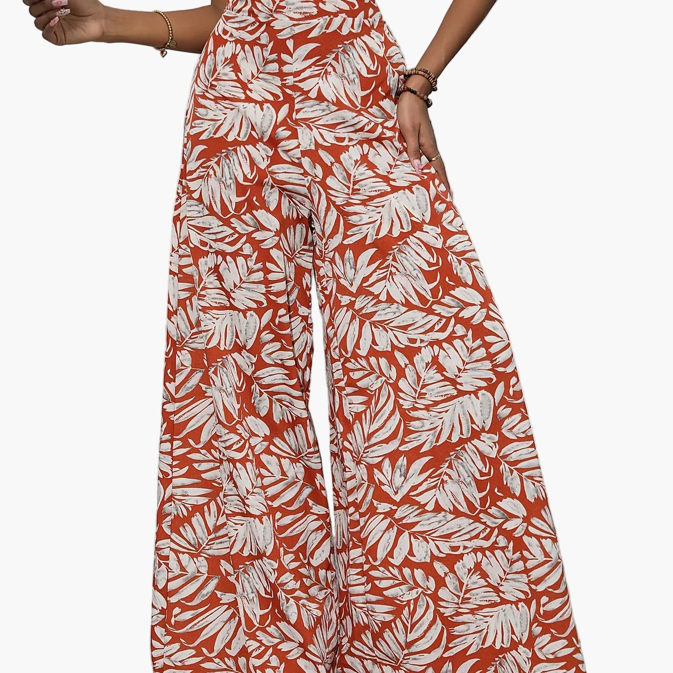 Women's Wide Summer Pants with Tropical Leaf Pattern – Fashionable Palazzo Pants for Beach and Leisure
