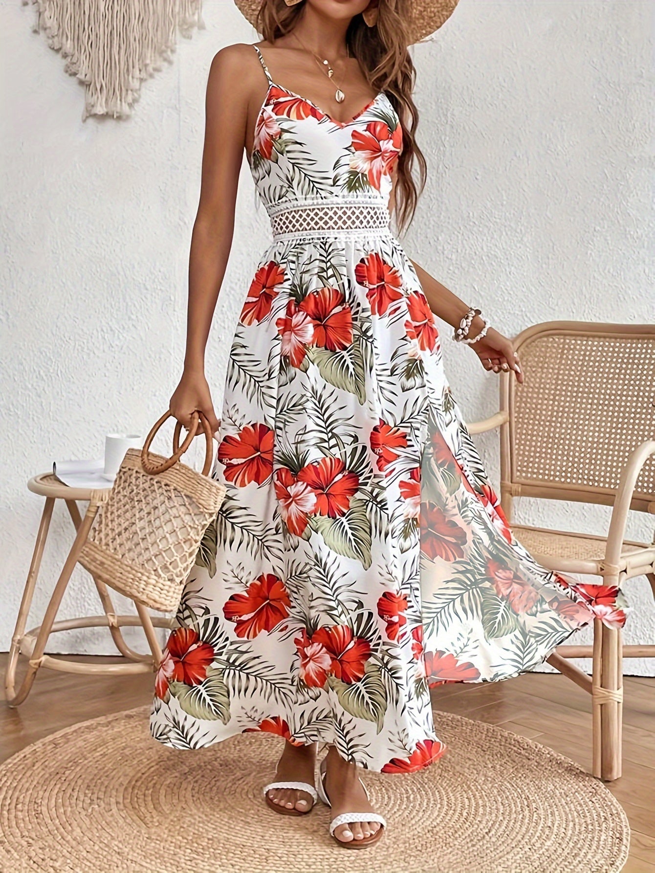 Women's Summer Maxi Dress Elegant with Floral Pattern, Spaghetti Straps, Perfect for Vacation & Leisure