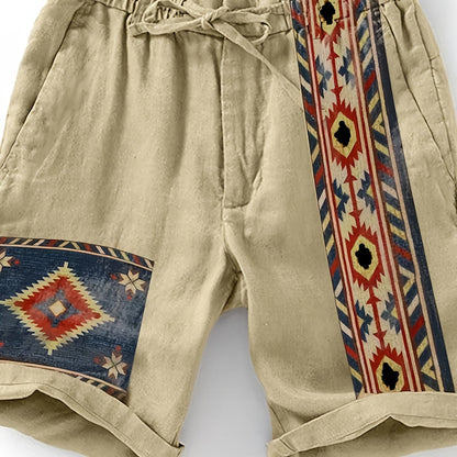 Men's ethnic shorts with geometric print and adjustable waistband – fashionable casual pants for summer and vacation