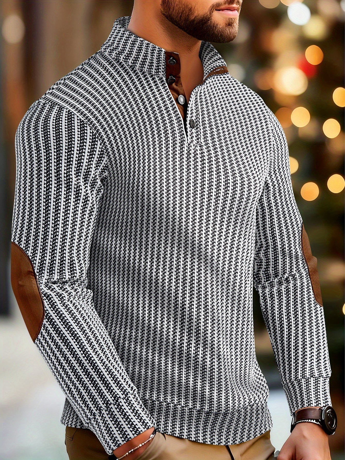 Men's turtleneck sweater with half-button closure and elbow patches, White Black