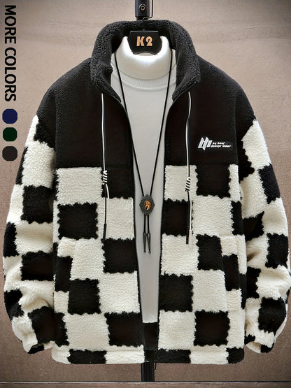 Unisex Fleecejacke mit Schachbrettmuster Reißverschluss Stehkragen