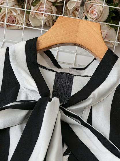 Women's Elegant Striped Blouse with Bow Collar and Ruffled Sleeves – Fashionable Top for Office & Everyday Wear