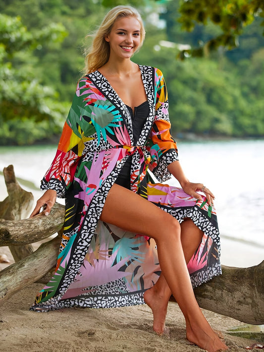 Women's Long Beach Kimono with Tropical Print and Animal Details – Perfect for Vacation & Resort
