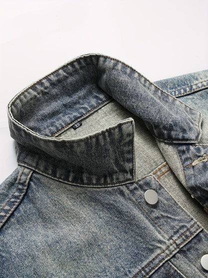 Jeansweste ärmellos für Herren, abgenutzt, mit Knopfverschluss, Blau