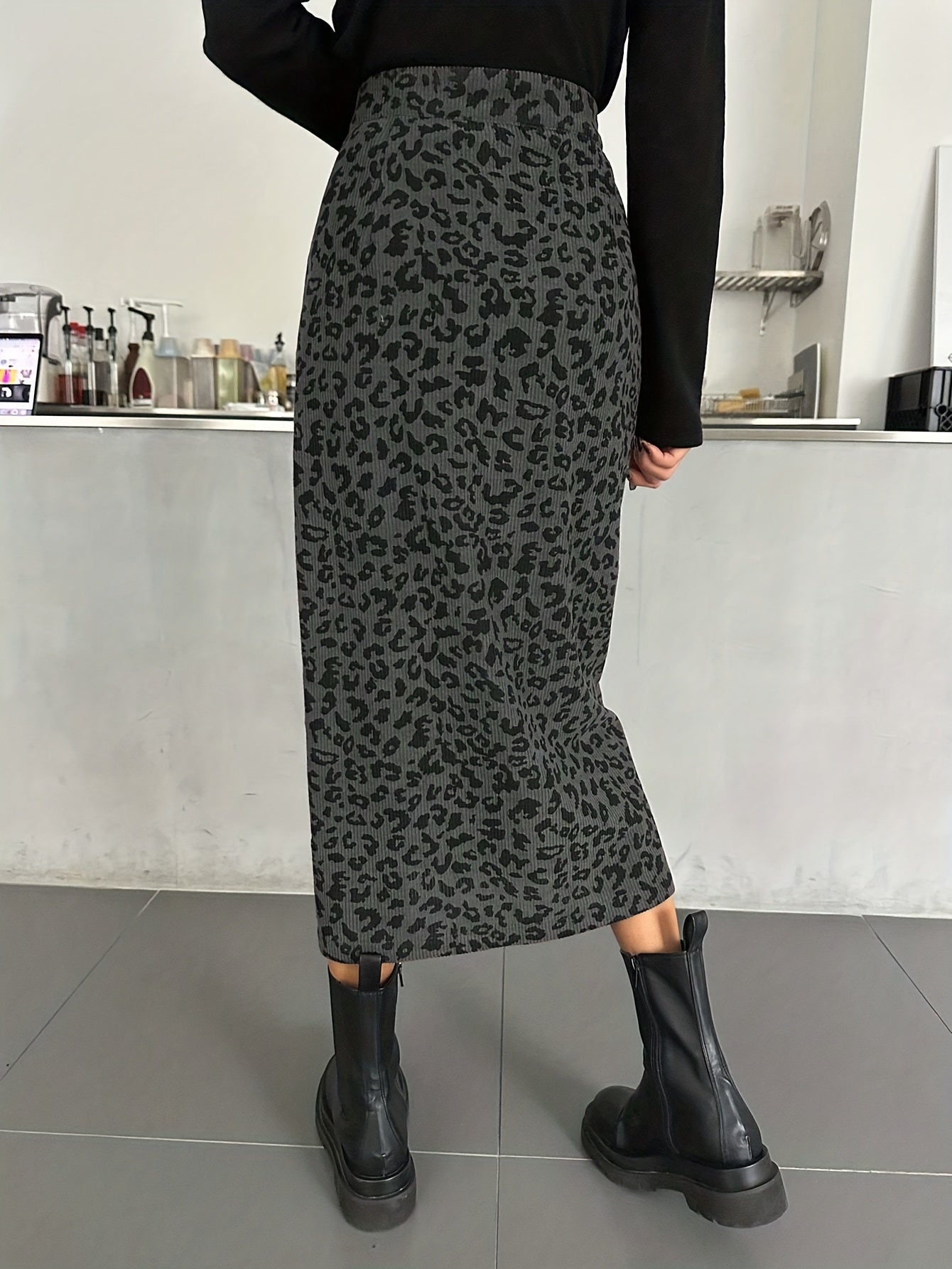 Damen Maxi Rock Leopard Print Rippstrick Schlitz