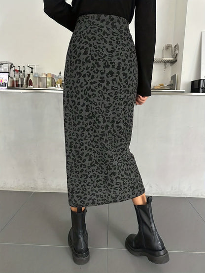 Damen Maxi Rock Leopard Print Rippstrick Schlitz