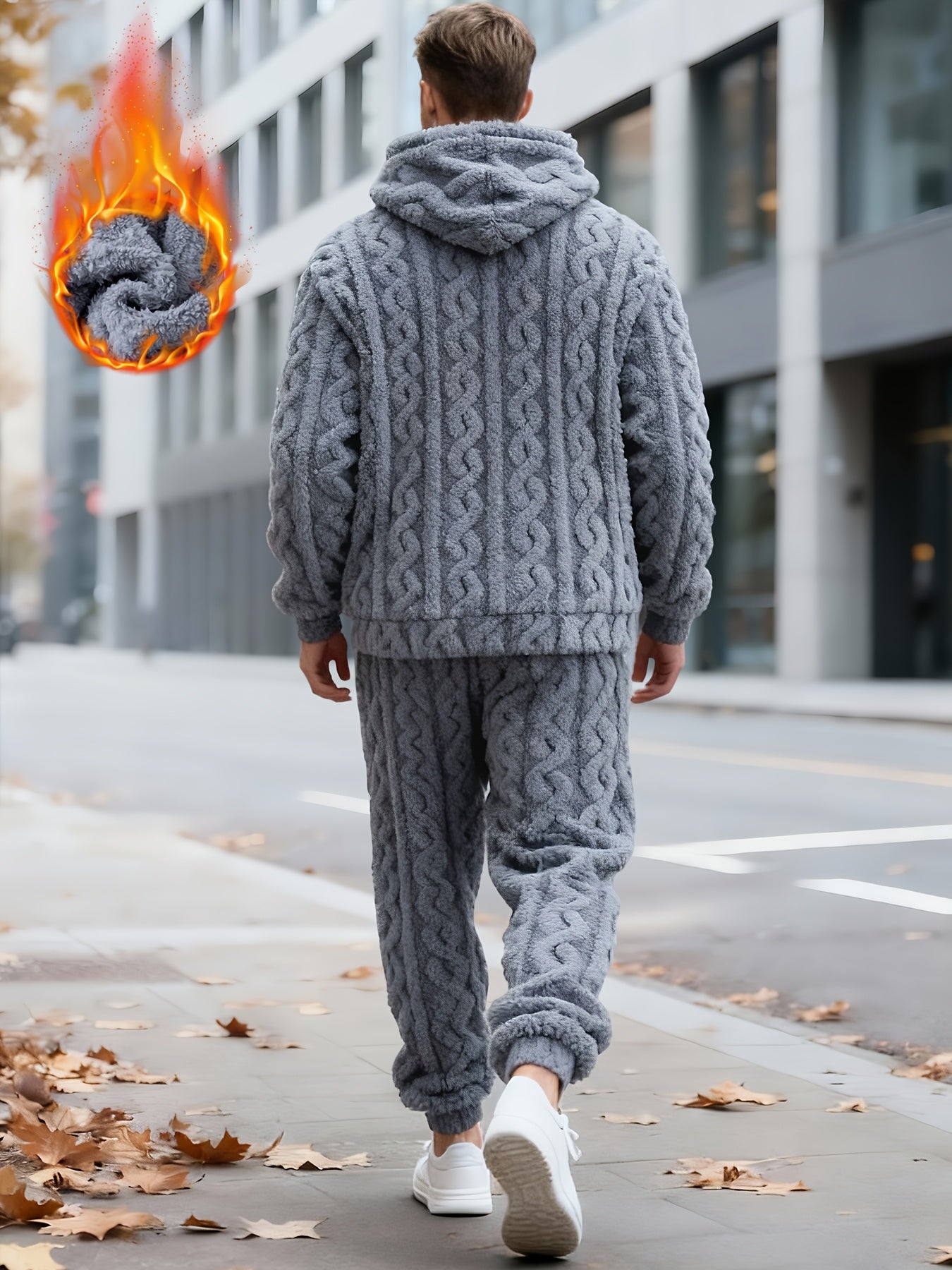 Men's cozy cable-knit tracksuit with hoodie and pants, soft & warm