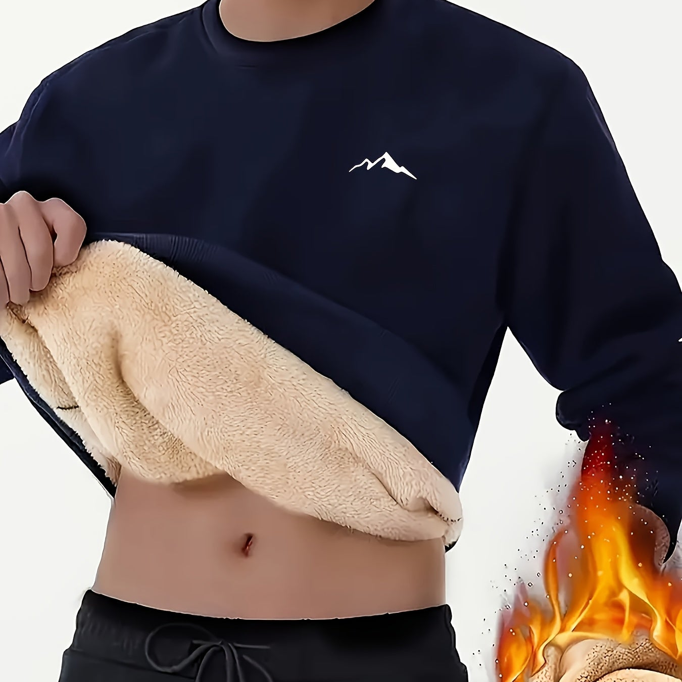 Men's long-sleeve shirt with mountain design, warm lining, crew neck, soft fleece interior
