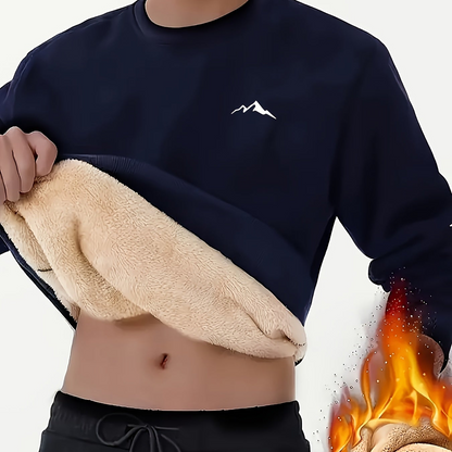 Men's long-sleeve shirt with mountain design, warm lining, crew neck, soft fleece interior