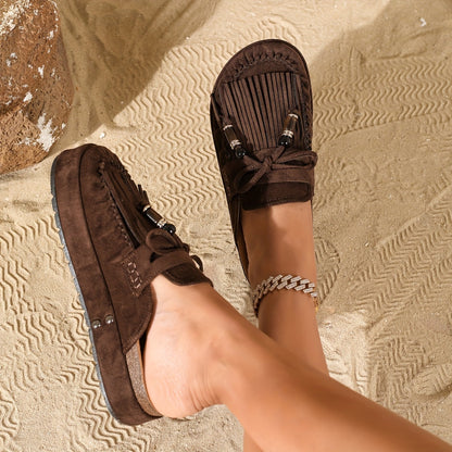 Women's Vintage Moccasin Sandals with Fringe and Beads for Summer