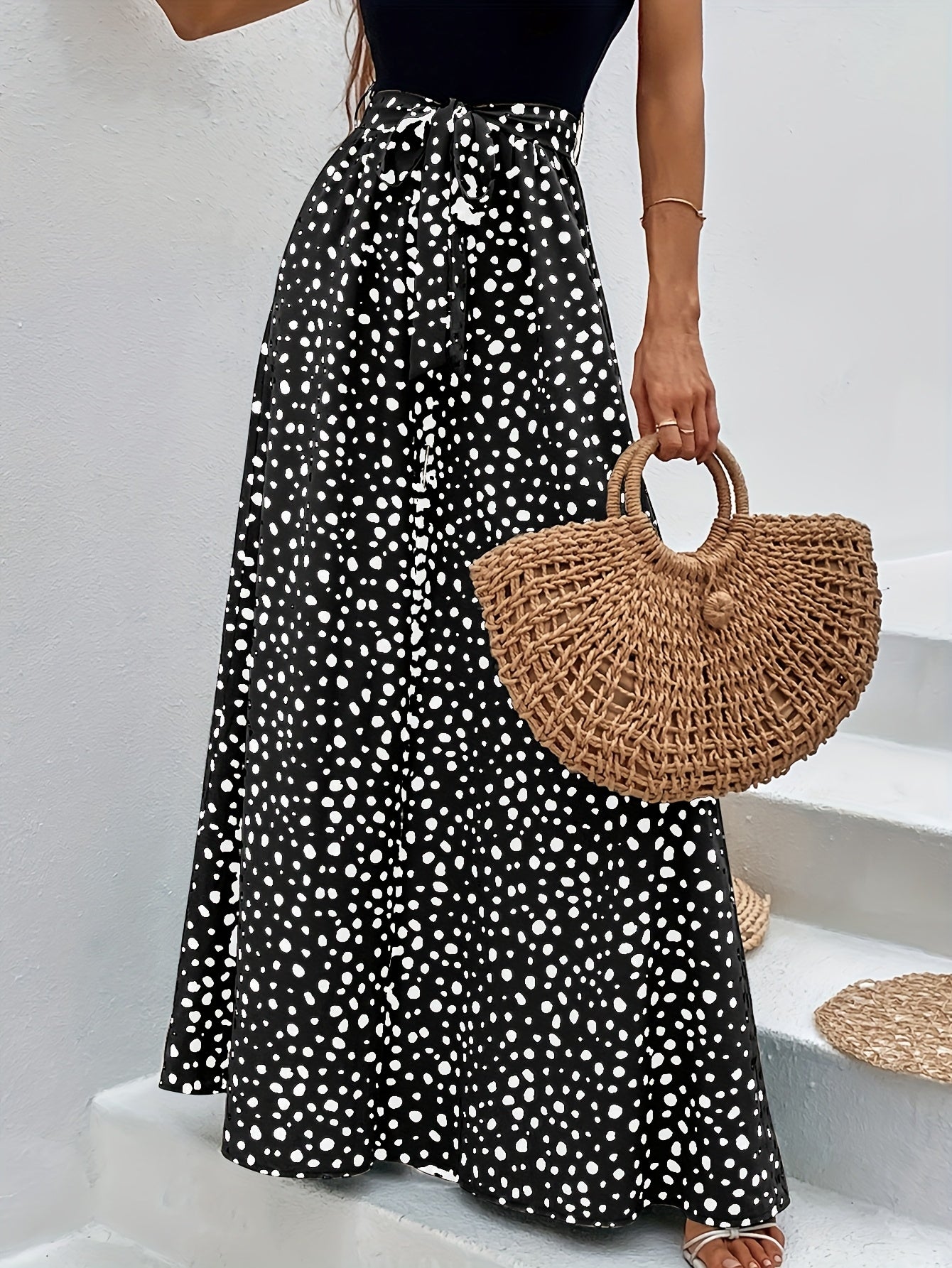 Women's Wide Palazzo Pants with Dots and Tie Belt – Elegant Spring and Summer Style