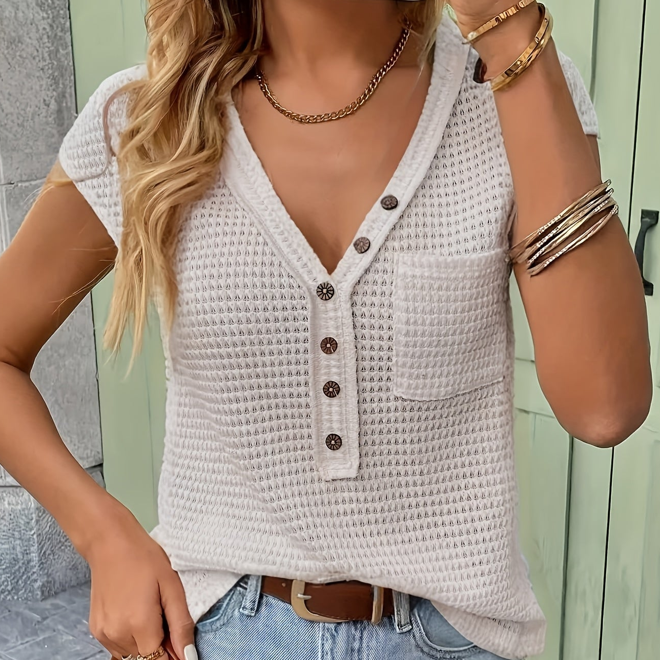 Women's Henley Shirt with Texture, Short Sleeve, V-Neck, Casual Look
